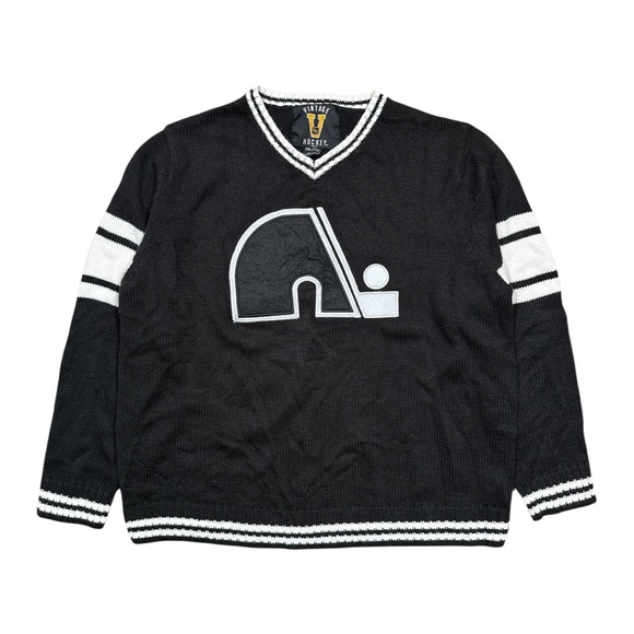 Vintage Hockey NHL Quebec Nordiques Black White V Neck Sweater Mens 2XL - Picture 1 of 6
